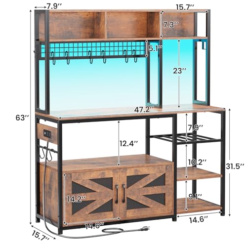 Itaar 47.2 Inch Bakers Rack with Power Outlet, Microwave Stand with Storage, Farmhouse Coffee Bar Cabinet Station with Wine Rack, Iron Mesh and 8-S Hooks (Rustic Brown) - color: Rustic Brown