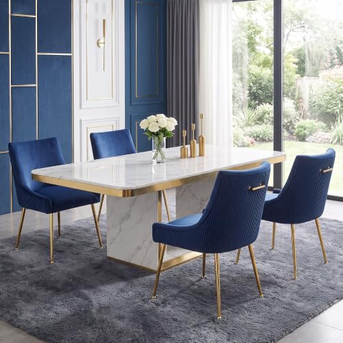 WUTUTUEE Velvet Dining Chairs Set of 4 Gold Legs,Upholstered Velvet Accent Chairs, Pleated Back Design & Gold Pull Handle, Mid Century Modern Chairs for Dining/Kitchen/Living Room,Blue - color: Blue, size: Set of 4