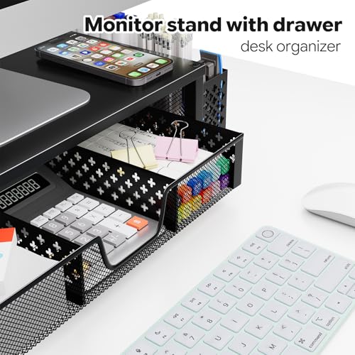 Simple Trending Desk Organizer, Computer Monitor Stand Riser, Black | Metal Laptop & Printer Stand, Desktop Organizer with Drawer & 2 Pen Holders, Anti-Slip Pads, 18.5"W x 9.5"D x 4.75"H - size: 18.5"W x 9.5"D x 4.75"H
