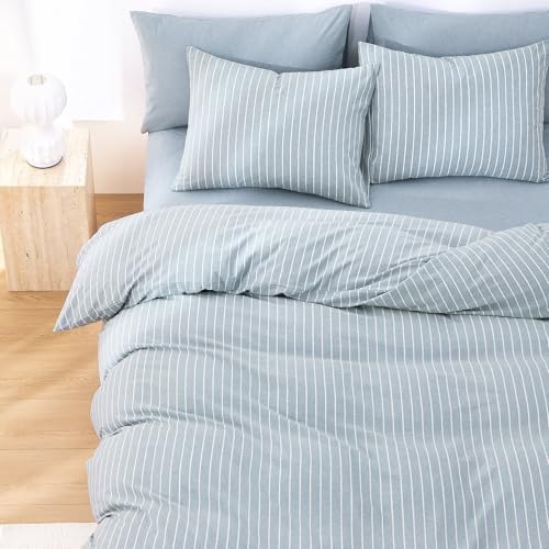 Wake In Cloud - Striped Cotton Duvet Cover Set, Ticking Stripe Vertical Pinstripe Farmhouse, 100% Washed Cotton Textured Bedding Set, 3 Pieces, Blue, Full Size - color: Blue, size: Full