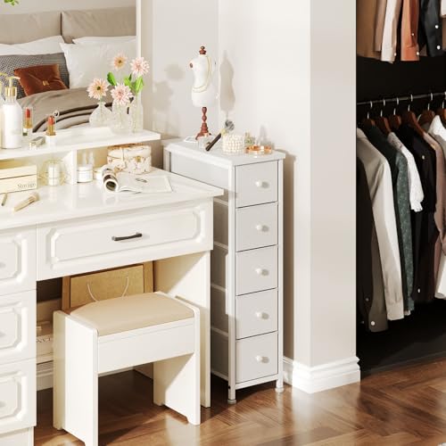 Narrow Dresser, 19" Wide Narrow Nightstand Dresser Storage Tower with 5 Drawers, Slim Fabric Dressers Chest of Drawers for Small Spaces, Wood Top & Fabric Bins for Bedroom Bathroom Closet (White) - color: White