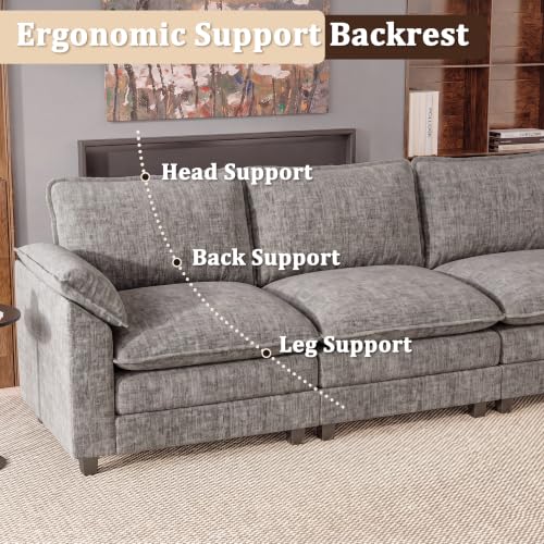 JUMMICO 159" Sectional Couch, Modular Cloud Sofa, Light Grey | Comfy Chenille, 4 Deep Seats, High-Density Foam, Double Layer Cushions, Oversized Linear Sofa for Living Room and Apartment - color: Light Grey, size: Linear Sofa