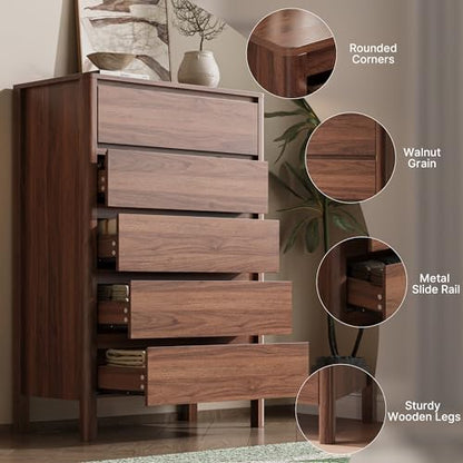 MAISONARIA Walnut 3-Piece Dresser Bedroom Set, 5 Drawers Dresser & 3 Drawer Nightstands with Hidden Handles, Wood Chest of Drawers for Bedroom, Living Room, Entryway - color: Walnut, size: 5+3