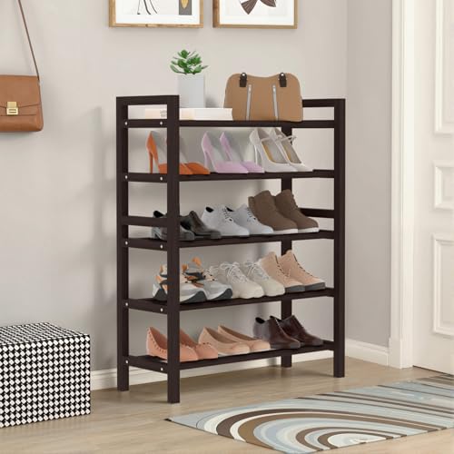 Bamboo Shoe Rack Free Standing Shoe Organizer Brown, 5-Tier(Small) | with Smooth Round Rods & Convenient Handles, Stackable Shoe Storage Shelf for Entryway, Hallway - color: Brown, size: 5-Tier(Small)