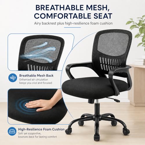 Ergonomic Office Chair, Home Office Desk Chair, Game Chair with Lumbar Support, Breathable Mesh Chairs, Swivel Desk Chairs for Computer, Home, Office, 360° Swivel (Blank) - color: Black With Fixed Armrest