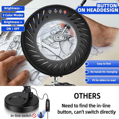 Akynite 12X Magnifying Glass with Light and Stand,5 Color 9 Levels Dimmable | Hands Free, Flexible Robot Arm, USB, with Adapter, Dual Base, 144 LED, Real Glass Magnifying Desk Lamp for Craft Close Work