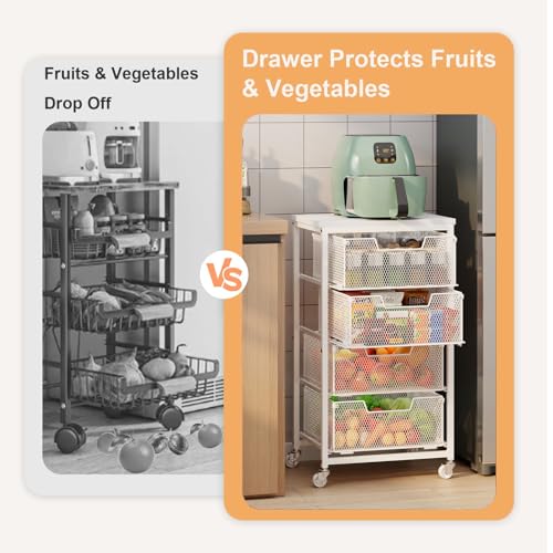 4-Tier Kitchen Storage Cart - Fruit Vegetable Storage Cart with Drawers, Wooden Top Metal Wire Kitchen Organizer and Storage Cart with Wheels to Storage Onions Potatoes Cans Snacks for Kitchen - size: 4-Tier White