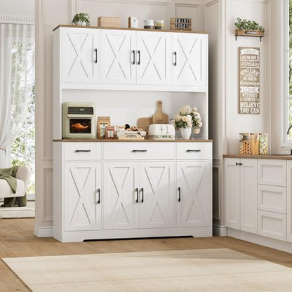 HOSTACK 71" Tall Kitchen Pantry Storage Cabinet, 55" W Kitchen Hutch, White | Large Pantry Cabinet with Charging Station / Countertop / 3 Drawers, Farmhouse Hutch Cabinet with Storage for Dining Room - color: White