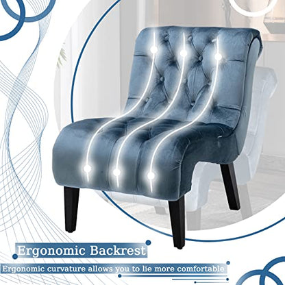 Comfy Velvet Accent Chair Set of 2, Tufted Armless Chair with Rolled Edge | Modern Small Lounger for Living Room, Upholstered Reading Chaise Lounge with Solid Rubber Wood Legs, Light Blue - color: Blue, size: Set of 2