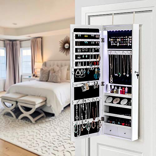 42.5" Wood Jewelry Mirror Cabinet,Wall or Door Mounted Jewelry Storage Cabinet,Space-Saving Large Jewelry Armoire Organizer,with Lock & LED Lights,for Living Room, Bedroom, Cloakroom (White) - size: 37x10x108cm