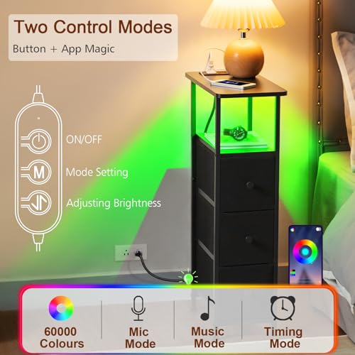 Narrow End Table with Charging Station, Small Nightstand | Skinny Side Tables Living Room with 3 Fabric Drawers, Bedside Table with LED Lights for Bedroom, Small Spaces, Black - color: Black, size: 27.55''H (3 Drawers), style: Power + Light