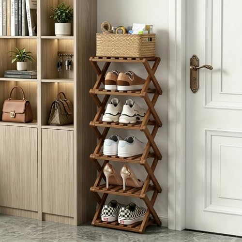 Narrow Shoe Rack, Foldable Bamboo Shoes Shelf for Small Spaces, Multifunctional Vertical Shoe Organizer Tall for Entryway, Closet, Corner, Bedroom, Hallway (Brown, 6 Layers) - color: Brown, size: 6 Layers