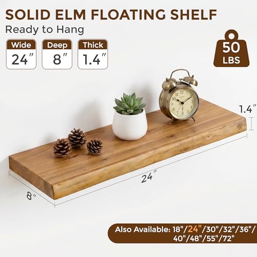 Dreamland Floating Shelves 24 Inch Long, Rustic Solid Elm Wood Live Edge Floating Shelf Wall Mounted, Wall Shelves Set of 2 with Invisible Bracket for Living Room Bathroom Kitchen, Natural - color: Natural, size: Live Edge - 24"L