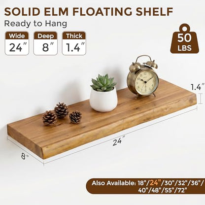 Dreamland Floating Shelves 24 Inch Long, Rustic Solid Elm Wood Live Edge Floating Shelf Wall Mounted, Wall Shelves Set of 2 with Invisible Bracket for Living Room Bathroom Kitchen, Natural - color: Natural, size: Live Edge - 24"L