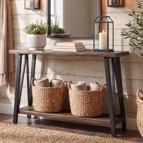 Tribesigns 41.3" Live Edge Solid Wood Console Table, Industrial 2-Tier Entryway Table with Sturdy Metal Frame, Narrow Sofa Accent Table with Storage Shelf for Living Room Hallway Foyer, Brown & Black