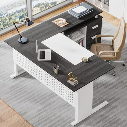 Tribesigns 63 Inch Executive Desk with File Cabinet, L Shaped Office Desk with Drawers and Storage Shelves, Business Furniture Set Workstation for Home Office, Gray and White - color: White and Gray