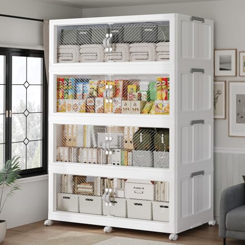 240Gal/960QT 4-Tiers Extra Large Stackable Storage Bins with Lid, Collapsible Cabinet Closet Organizer Plastic Container Box with Wheels Doors Drawers for Office Dorm Kitchen, White - color: White, size: 60Gal-4Pack