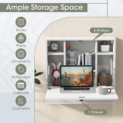 Tangkula Folding Wall Table - Floating Desk with Storage Drawer & Shelves (White) - color: White