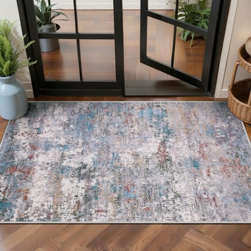 Tangsoo Abstract 2x4 Washable Rug for Entryway, Small Modern Non Slip Rugs | Indoor Front Door 2x4 Runner Rugs,Print Door Mat, Soft Low Pile Rugs for Entrance Kitchen Entry Bathroom Blue Grey Home Decor - color: Blue/Grey, size: 2' X 4' (Runner)