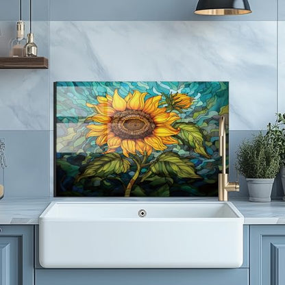 Evgosm Tempered Glass Backsplash for Kitchen， Stove Splashback, sunflower Glass Backsplash, Used for Kitchen Wall Protection and Decoration, Easy to Install and Clean. (30x20'') - size: 30"L x 20"W, style: sunflower