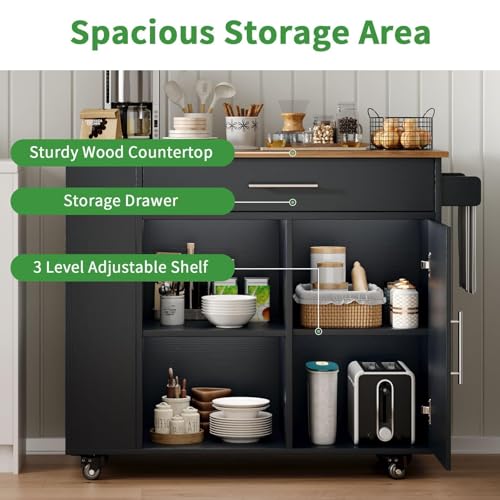 Kitchen Island with Storage, 39'' W Rolling Kitchen Island on Wheels, Black | 3-Tier Spice Rack, Drawer Storage, Adjustable Shelf & Towel Rack, Casters, Mobile Island Table for Kitchen, Dining Room - style: BLACK