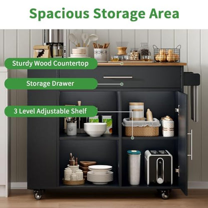 Kitchen Island with Storage, 39'' W Rolling Kitchen Island on Wheels, Black | 3-Tier Spice Rack, Drawer Storage, Adjustable Shelf & Towel Rack, Casters, Mobile Island Table for Kitchen, Dining Room - style: BLACK
