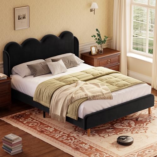 Garvee Full Size Upholstered Platform Bed Frame, Scalloped Wave Tall Headboard, Chenille Wingback Design, Wood Slat Support, No Box Spring Needed, Easy Assembly, Black | Scalloped Wave Tall Headboard, Wood Slat Support, No Box Spring Needed, Easy Assembly