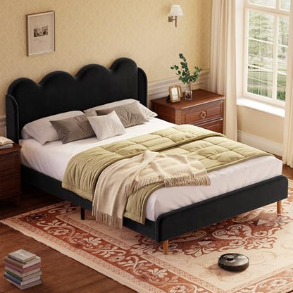Garvee Full Size Upholstered Platform Bed Frame, Scalloped Wave Tall Headboard, Chenille Wingback Design, Wood Slat Support, No Box Spring Needed, Easy Assembly, Black | Scalloped Wave Tall Headboard, Wood Slat Support, No Box Spring Needed, Easy Assembly