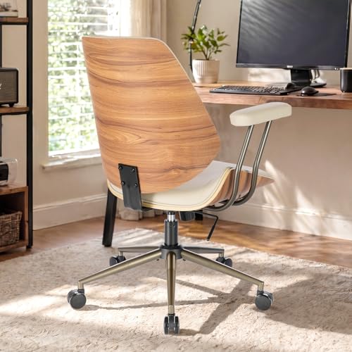 Modern Mid Back Office Chair, Adjustable Swivel Desk Chair with Arms, Beige | Faux leather seat, wood accent detail, mid-back with padded armrests, adjustable swivel, for home office, bedroom & study - color: Beige, size: 1-Piece Back / No Headrest