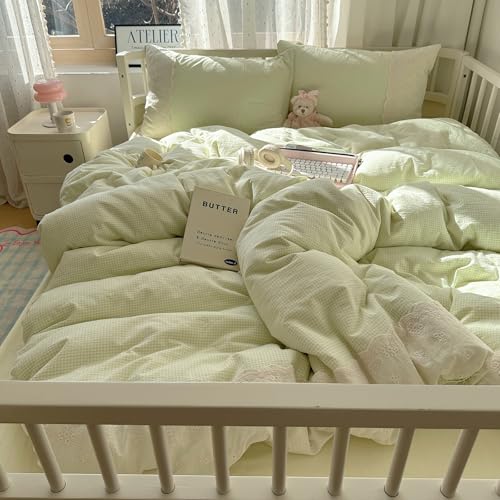 MKXI Mint Green Gingham Duvet Cover Set Twin XL - 3-Piece Vintage Floral Bedding with White Lace Trim, Soft Washed Microfiber Princess Comforter Cover & Pillowcases for Girls, Sweet Cottagecore Style - color: 000 Lace- Green Gingham, size: Twin XL