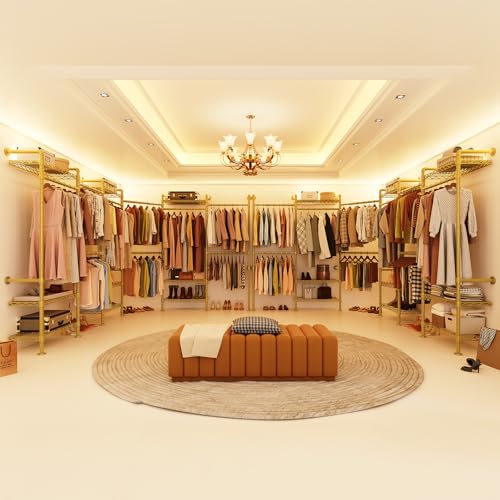 H6 Wall Mounted Closet System, Industrial Pipe Clothes Rack, Gold | Metal Clothing Rack with 6 Telescopic Rods & 3 Fixing Rods & 9 Shelves, Heavy Duty Closet Organizers and Storage in Wardrobe - color: Gold
