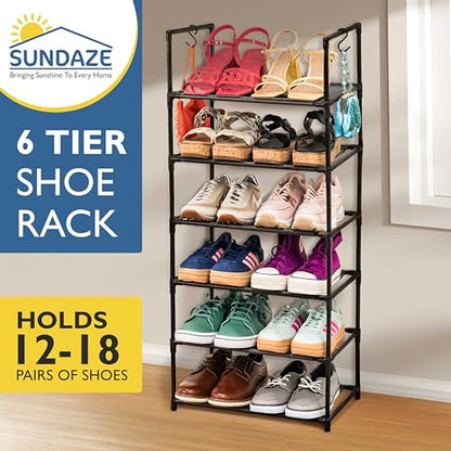 Sundaze Shoe Rack - 6 Tier Tall Shoe Rack for Closet, Sturdy Stackable Shoe Organizer for Closet, Bedroom, Entryway, Garage, Non Woven Fabric Shelf, Black, Holds 12-18 Pairs - size: 6 Tier (18.3" W)