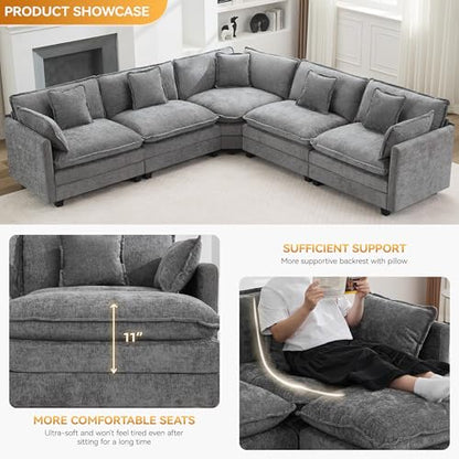 113'' V Shaped Cloud Sectional Sofa, Oversized Deep Seat Couches for Living Room, Chenille Comfy Upholstered Modular Sectional Sofa Couch, Grey - color: Grey, size: 113'' V Shape