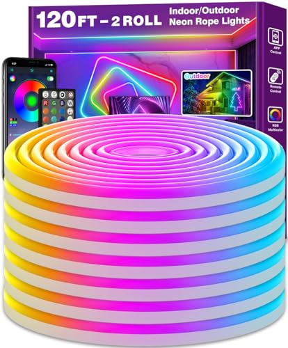AILBTON 120Ft Neon Rope Lights,Flexible Led Rope Lights Control with App/Remote,Multiple Modes RopeLights,IP65 Outdoor RGB Led Neon Lights NonWater Resistant,Music Sync Gaming Led NeonLight Strip - size: 120FT