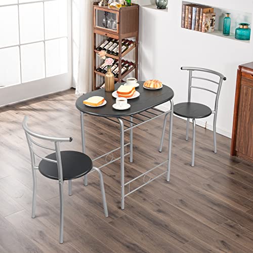 VINGLI 3 Piece Dining Set,Small Kitchen Table Set for 2,Breakfast Table Set,Kitchen Wooden Table and 2 Chairs for Small Space/Dining Room/Apartment,Metal Frame,Wine Rack,Sliver&Black - color: Sliver&black