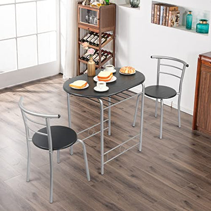 VINGLI 3 Piece Dining Set,Small Kitchen Table Set for 2,Breakfast Table Set,Kitchen Wooden Table and 2 Chairs for Small Space/Dining Room/Apartment,Metal Frame,Wine Rack,Sliver&Black - color: Sliver&black