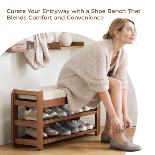 27.6" Bamboo Shoe Bench with Cushion, 5 Hooks Coat Rack, 2-Tier Storage Bench for Entryway, Heavy Duty Shoe Rack Organizer with Removable Soft Cushion for Living Room Bedroom Hallway - size: 27.6" 2-Tier