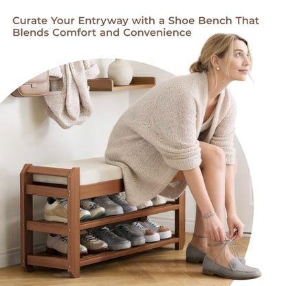27.6" Bamboo Shoe Bench with Cushion, 5 Hooks Coat Rack, 2-Tier Storage Bench for Entryway, Heavy Duty Shoe Rack Organizer with Removable Soft Cushion for Living Room Bedroom Hallway - size: 27.6" 2-Tier