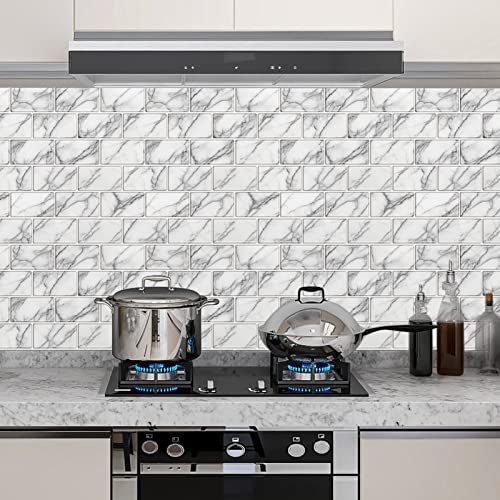 URCOLOR 10-Sheet backsplash Tile for Kitchen Peel and Stick,12"x12" Self Adhesive Subway Wall Tiles Stick on Back Splashes for Bathroom White Marble - color: White Gray
