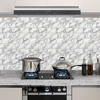 URCOLOR 10-Sheet backsplash Tile for Kitchen Peel and Stick,12"x12" Self Adhesive Subway Wall Tiles Stick on Back Splashes for Bathroom White Marble - color: White Gray