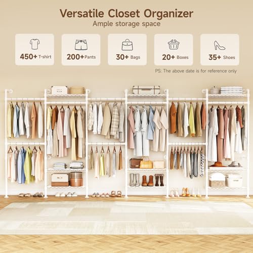 H6 Wall Mounted Closet System, Industrial Pipe Clothes Rack Clothing Racks with 6 Telescopic Rods & 3 Fixing Rods & 9 Shelves, Heavy Duty Closet Organizers and Storage in Wardrobe Closet (White) | Metal Clothing Rack with 6 Telescopic Rods & 3 Fixing Rods