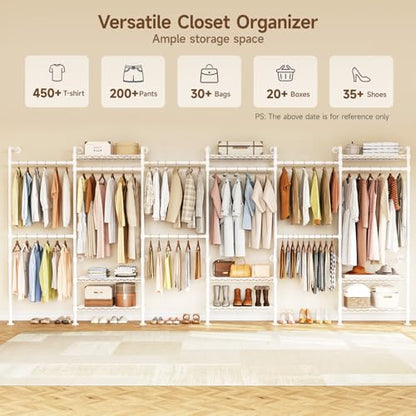 H6 Wall Mounted Closet System, Industrial Pipe Clothes Rack Clothing Racks with 6 Telescopic Rods & 3 Fixing Rods & 9 Shelves, Heavy Duty Closet Organizers and Storage in Wardrobe Closet (White) | Metal Clothing Rack with 6 Telescopic Rods & 3 Fixing Rods