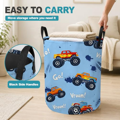 Blue Truck Collapsible Laundry Hamper,Racing Theme Waterproof Oxford Cloth Clothes Basket with Handles for Bathroom Bedroom Nursery Dorm Room,16" x 20" - color: Blue Truck,Racing Theme