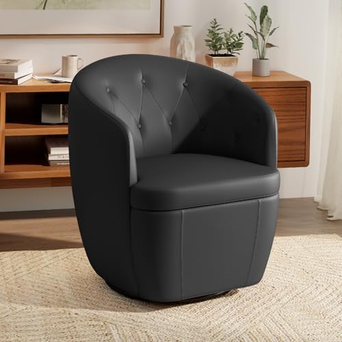 360° Swivel Accent Chair, Faux Leather Swivel Barrel Chairs | Button-Tufted Design & Rotating Base, Modern Armchair Club Chair Reading Chairs for Living Room (BX02, Black) - color: Black