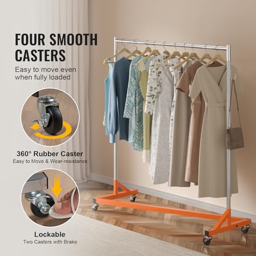 VEVOR Z Rack, 300 lbs Industrial Grade Z Base Garment Rack, 24" x 63" x 71" Clothes Rack, Sturdy Steel Heavy Duty Clothing Rack w/Lockable Casters for Home Garment Store Orange - style: 1 Pack