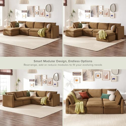 mopio Oversized Modular Sectional Sofa with Fully Removable Covers and Storage, Convertible U, L-Shaped and Sleeper Sectional, Modern Couches with Ottoman Chaise (Hazelnut Velvet, 5 Seats, L) - color: [Gen 2] Hazelnut Velvet, size: 5 Seats, L