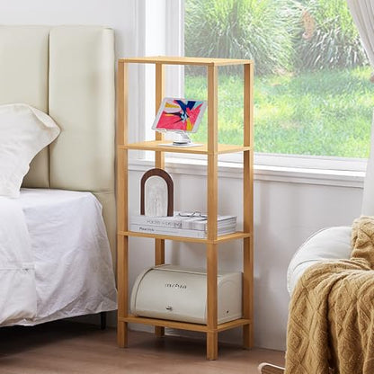 YUFAM 4-Tier Tall Slim Bookshelf, Small Bookcase for Small Spaces, Wood - color: Natural, size: 4-Tier