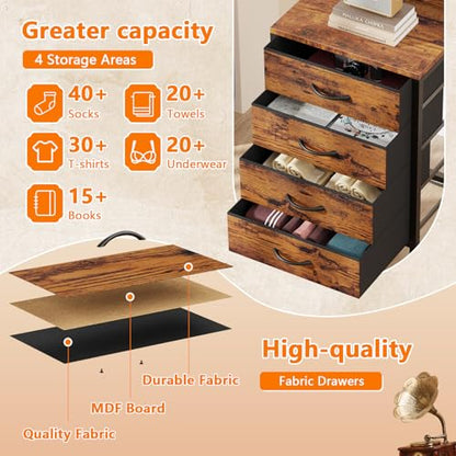 Night Stand with Charger Station, 4 Fabric Drawers and LED Lights | 38'' Tall Bedside Table with Storage Shelf for Bedroom, Office, Metal Frame, Wood Shelves, Rustic Brown Nightstand - color: Rustic Brown