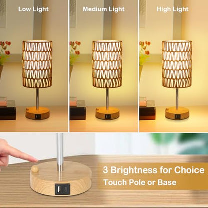 Bedside Lamps Set of 2 with Bulb, Touch Control Nightstand Lamp for Bedroom with Rattan & Linen Shade, 3 Way Dimmable Small Boho Table Lamps with USB Charging Port & Phone Stand - color: Faux wood-2pack