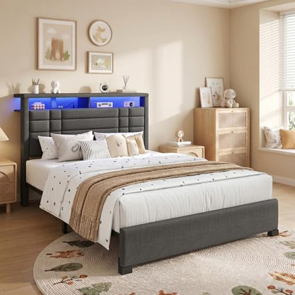 EnHomee Full Upholstered Bed Frame with Charge Station & LED Lights, Grey | 2-Tier Shelves Headboard, 12" Under-Bed Storage Space, Noise-Free, No Box Spring Needed, Easy Assembly - color: Grey, size: Full